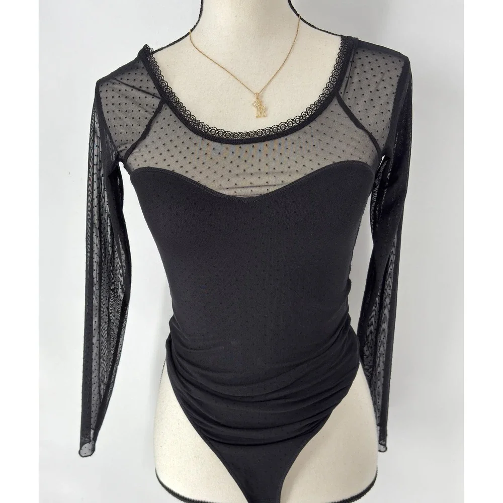 Abercrombie &‎ Fitch Bodysuit XS Black Long Sleeve Mesh Polka Dot Lace  Trim